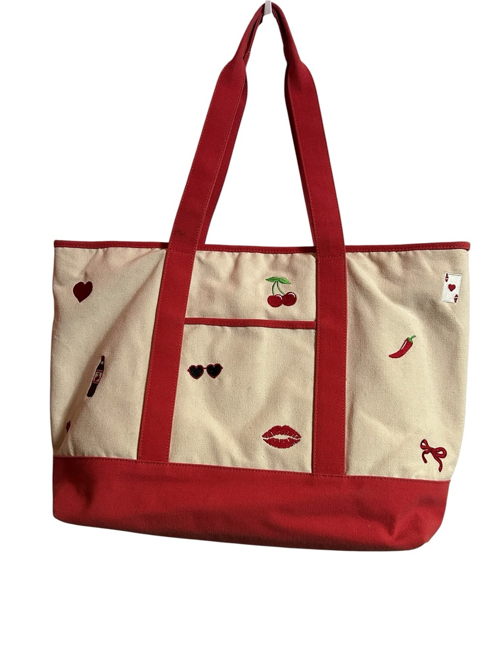 Madden Girl Cream Canvas Tote with Red Trim and Embroidered Motifs